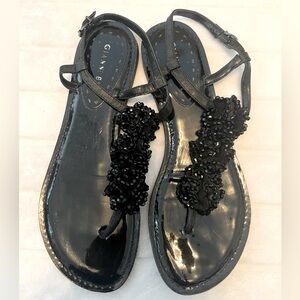 Gianni Bini Black Top Wave Ruffle Bling Bead Thong Flat Sandals